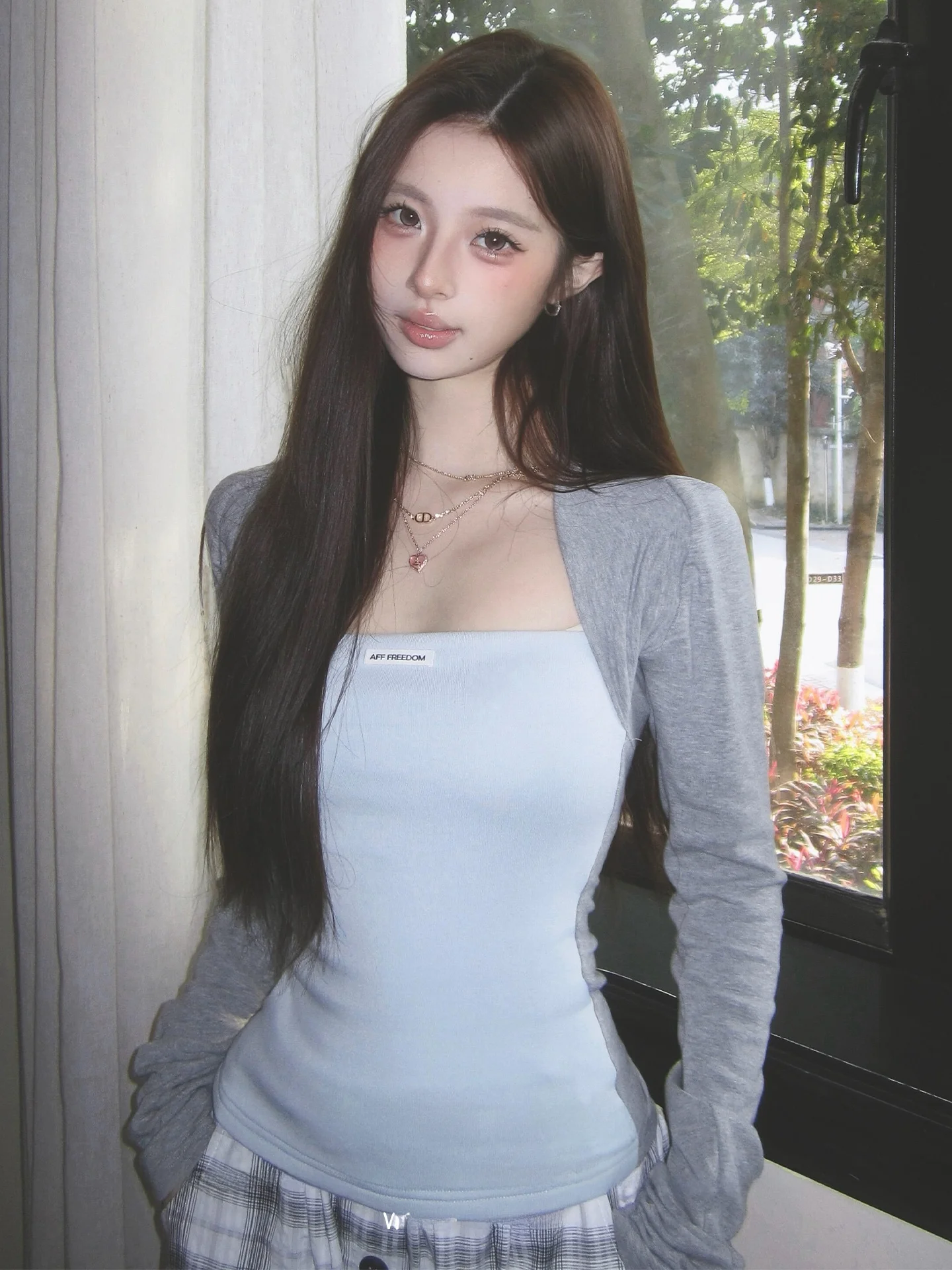 

American Sle Long Sve Fake Two-Piece Women's Early Spring Color Blo oulder Baring Crop Top Slimming Sexy Top Tee