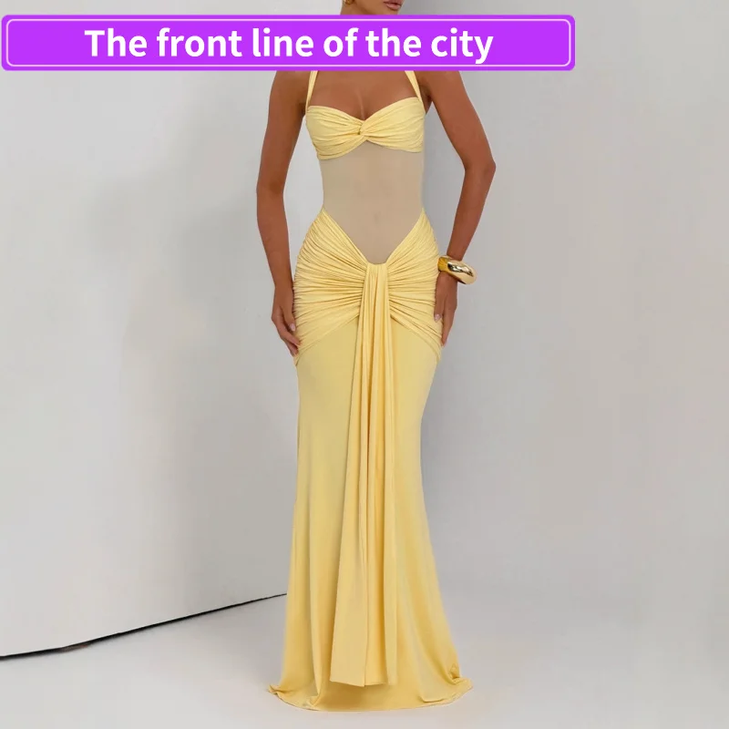 

Sexy Lace Slit Slim Fit Dr V-Ne See-Tough Faionable Sa Pleated mid Waist Polyester Summer Women's Dr