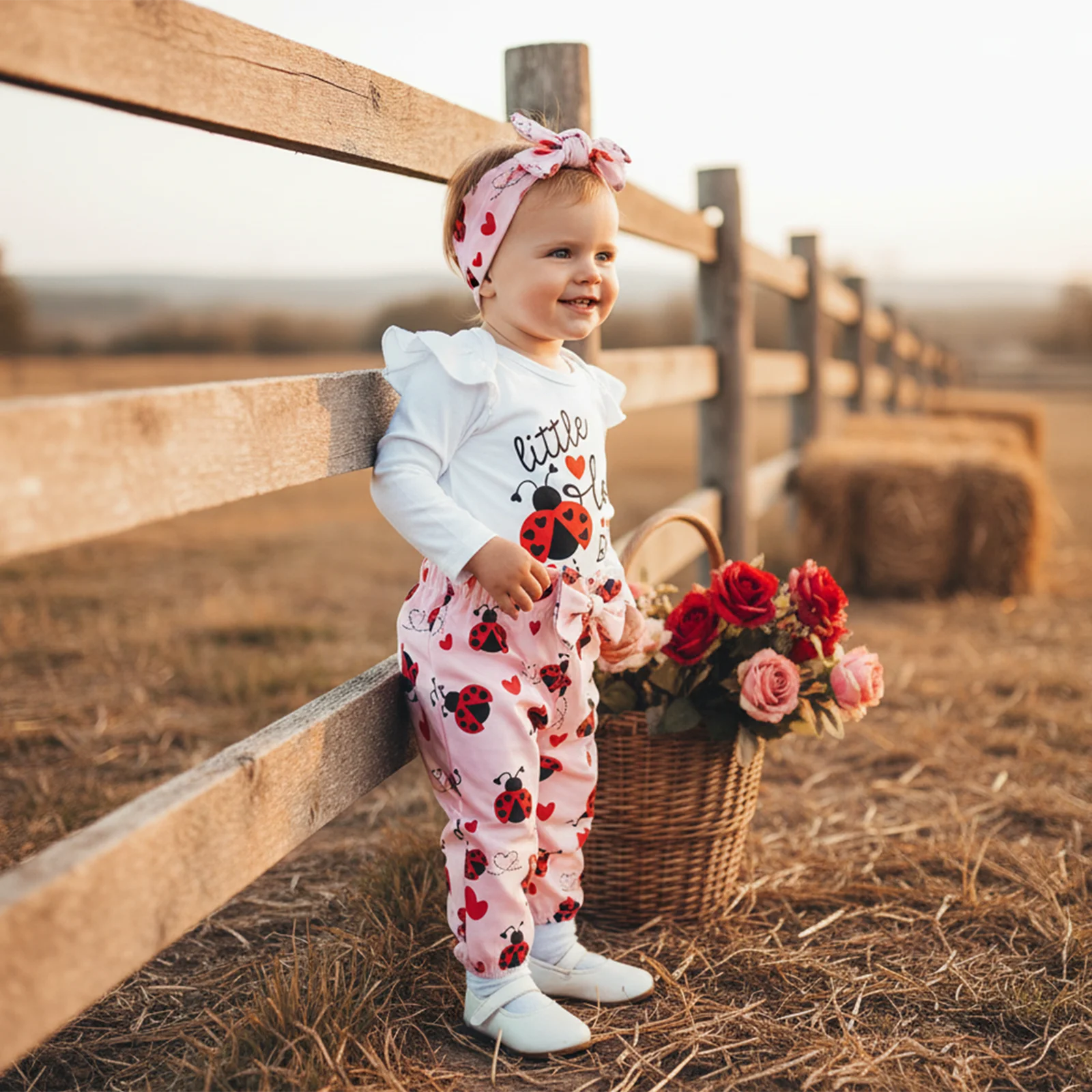 

Baby Girl Valentines Clothing Sets Fashionable Ladybug Print Long Sleeve Romper with Pants, Headband 3Pcs Outfits