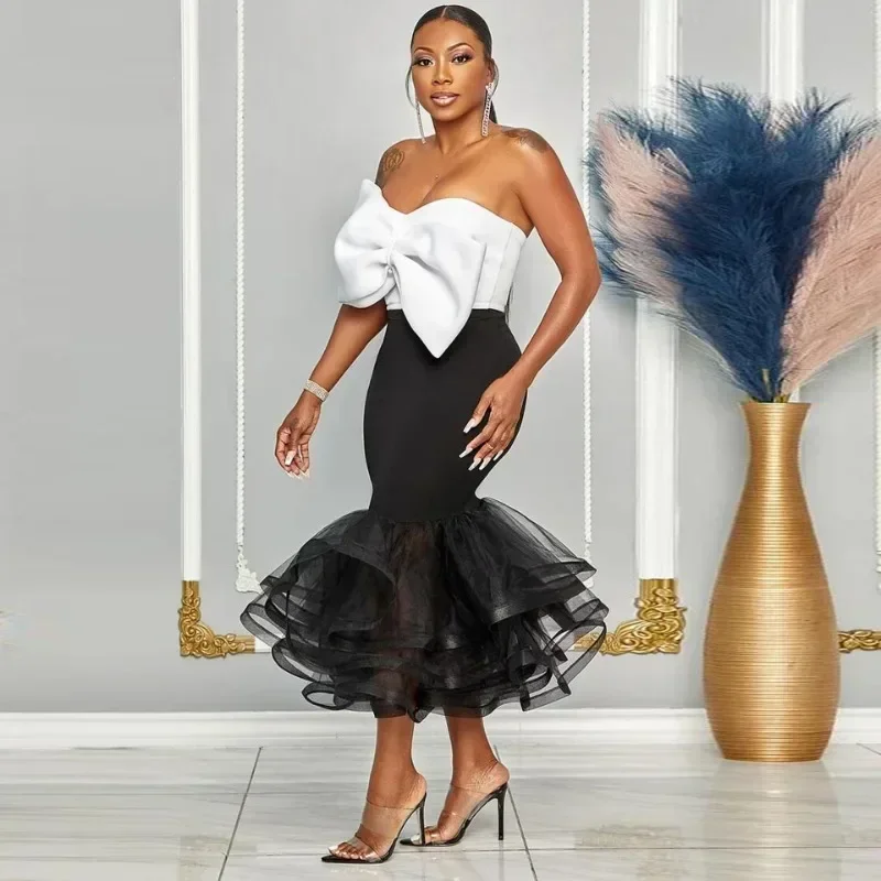 

GUWU Elegant Party Birthday Women Two Piece Set Big Bow Strapless Top and Long Skirt Sets Night Club Mermaid Maxi Dress Sets