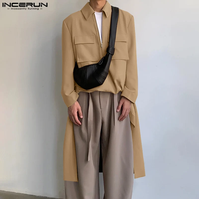 INCERUN Men Casual Coat 2024 Simple Solid Pocket Trench Zipper Long Sleeve Tops Solid Elegant Vintage Style Well Fitting Jackets