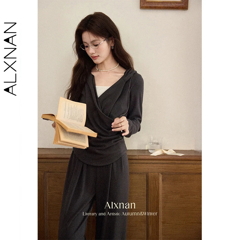 

ALXNAN Women's Long Sleeve T-shirt Dark Gray Fake Two-piece Hooded T-shirt 2025 Autumn Casual Elegant Cotton Pleated Tees L56952