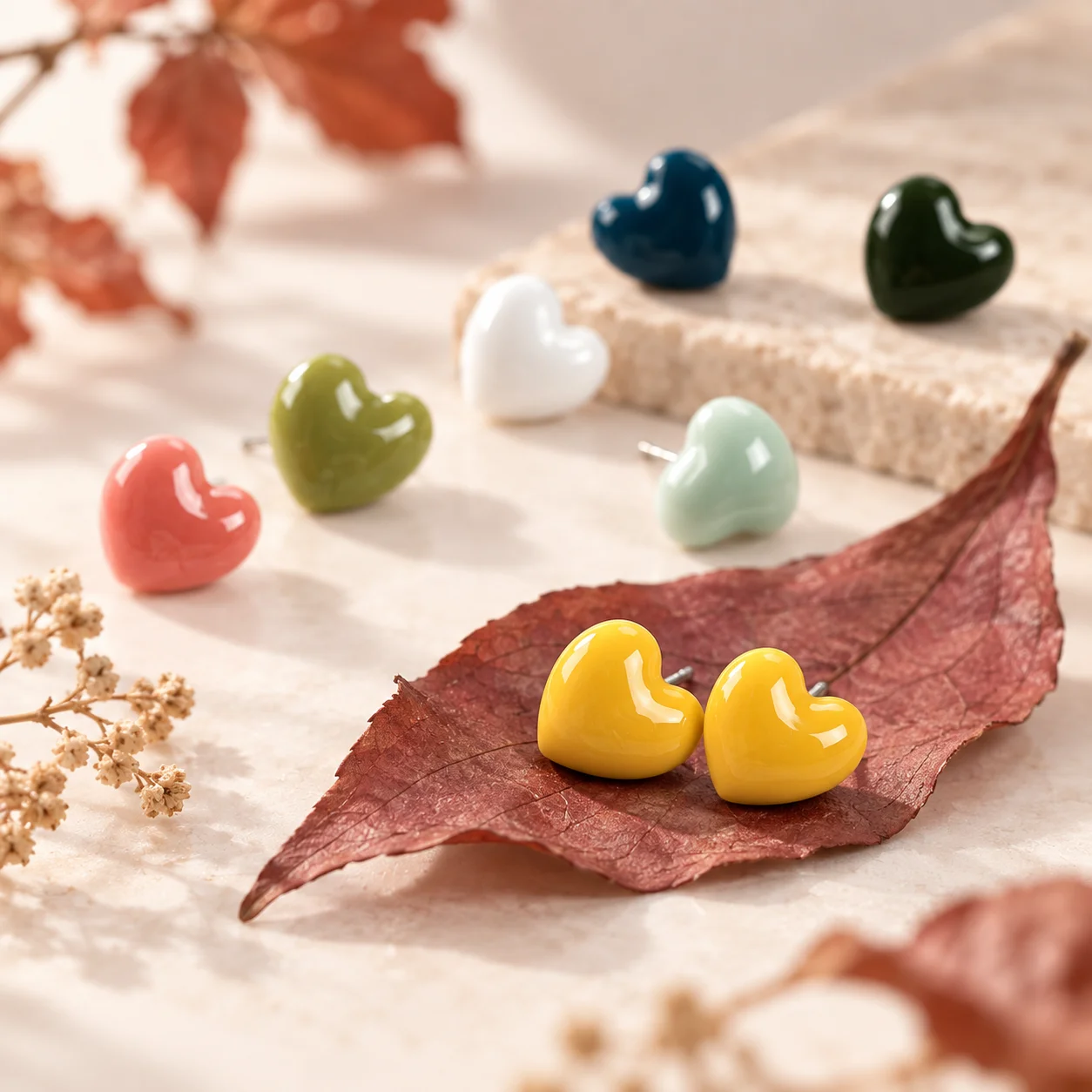 Midofare Colorful Heart Ceramic Stud Earrings for Women Stainless Steel Post Cute Minimalist Fashion Jewelry Gift