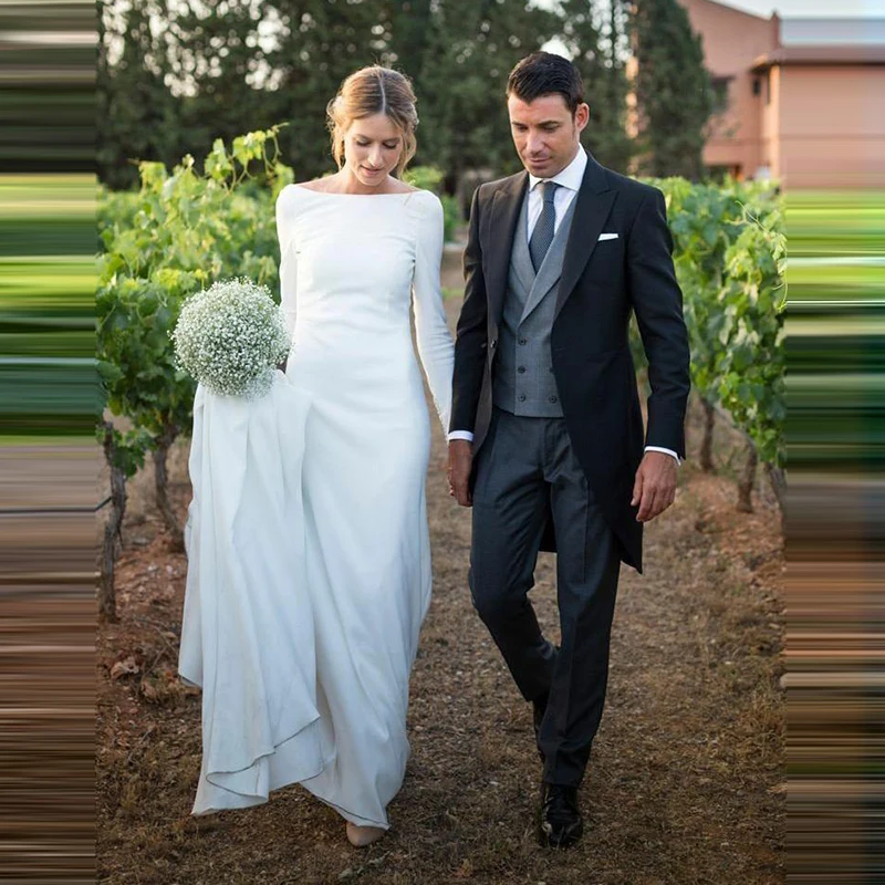 Robe de mariée en Satin à manches longues, fourreau, Simple, modeste, élégante, dos en V, boutons