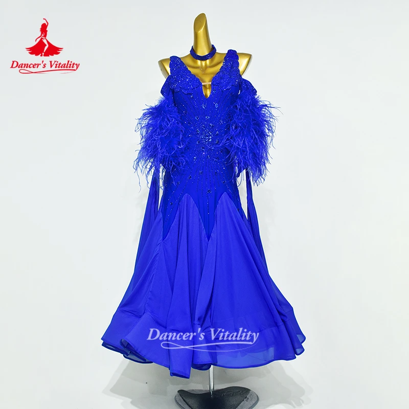 Vestidos Elegantes con Cuello en V para Baile Social y Competición, con Collar, Personalizados para Adultos, con Pedrería AB, para Vals y Foxtrot, Ropa para Bailarines