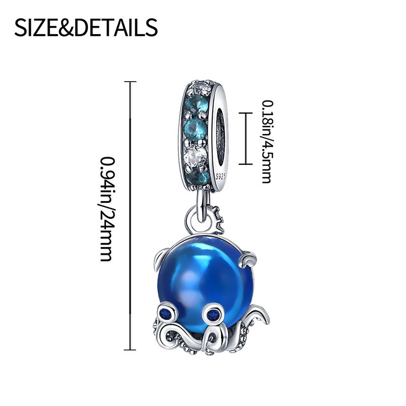 2024 Hot Sale Blue Deep Sea Octopus Shape Charm Bead Fits Pandora Original Bracelet Women Silver Pendant Beads DIY Jewelry Gift