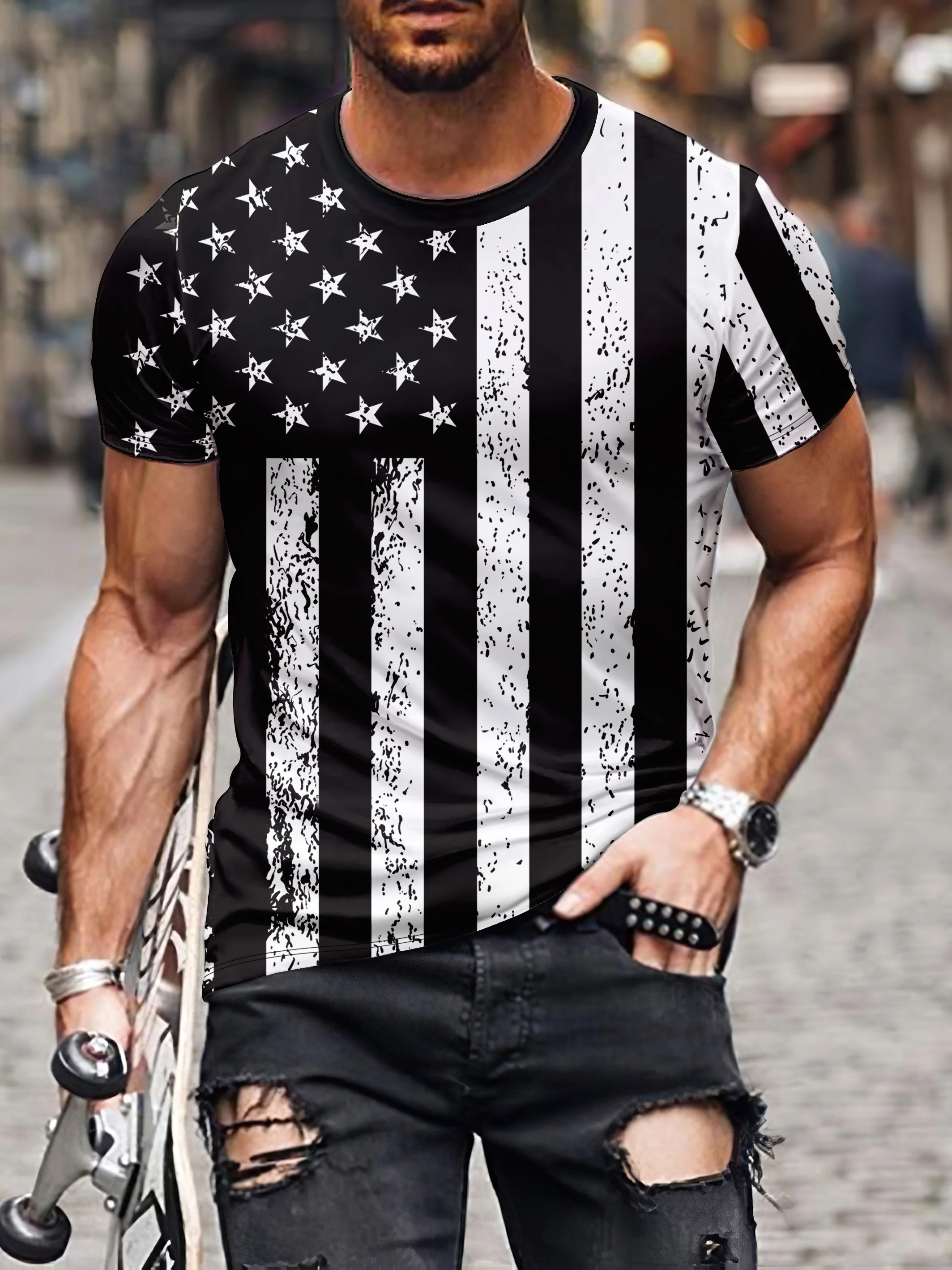 Men\'s Flag 3D Pattern Short Sleeve T-shirt Summer Casual Pullover Men\'s Fashion Loose Sleeve Top