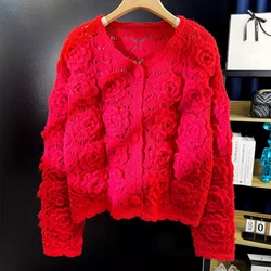 Women Red Hollow Out 3D Rose Flower Cardigan Crochet Wool Blend Handknit Spring Autumn Outwear Sweater