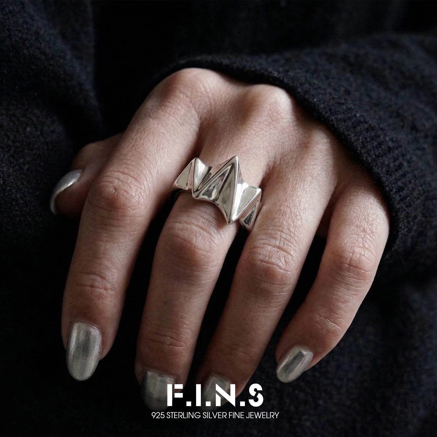 F.I.N.S Korean Style S925 Sterling Silver Ring Unique Irregular Glossy Open Wide Adjustable Finger Cuff Jewelry For Women Gifts