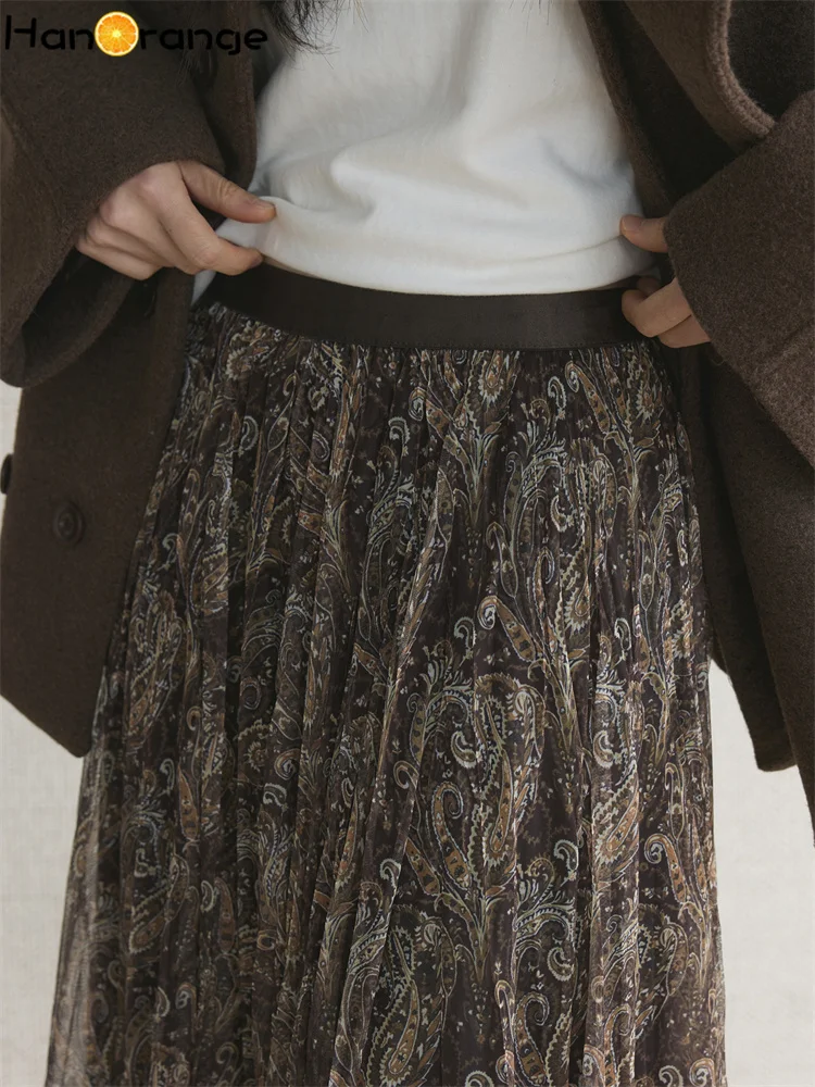 Hanorange 2026 início da primavera vintage cintura alta paisley padrão saia dobrada grande balanço a linha saia longa café/azul