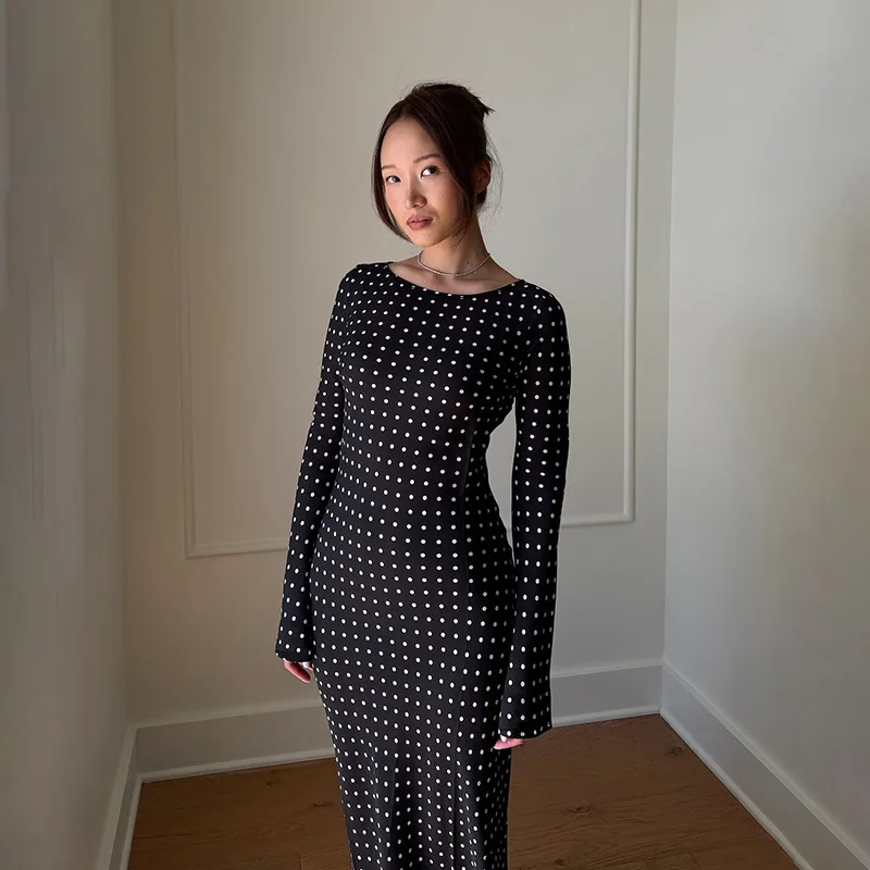 JY25447P البولكا نقطة 2025 الخريف جديد عصري أنيق سليم فستان طويل للنساء