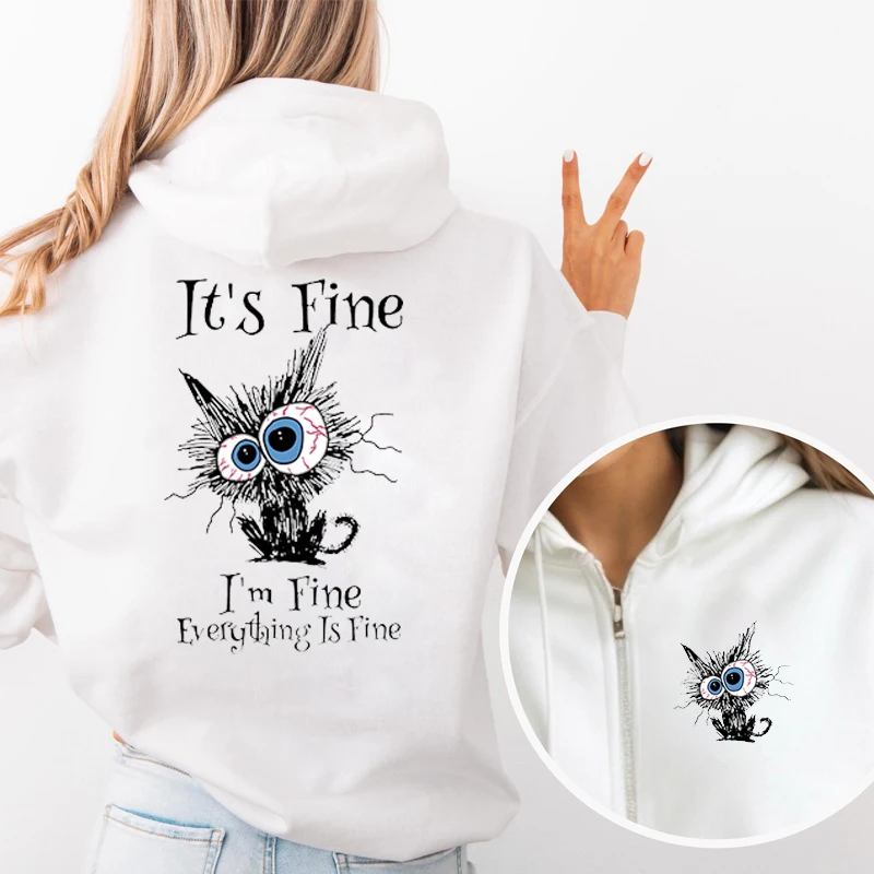 Damska bluza z kapturem Harajuku, polarowa bluza rozpinana, nadruk \"Everything Is Fine\", czarny kot, rozpinana bluza codzienna, odzież uliczna Y2k