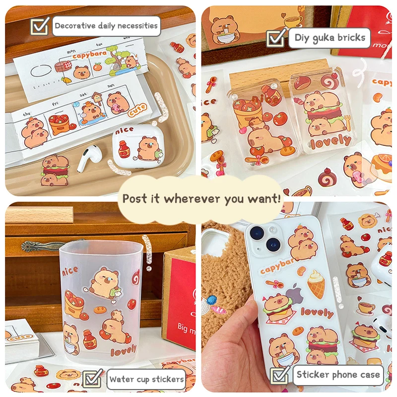 5 buah Kawaii hewan Capybara tema stiker tahan air DIY dekorasi kartu bahan lucu stiker dekorasi alat tulis