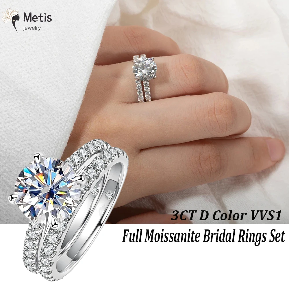 

3CT Moissanite Bridal Rings Set with Certificate D Color Diamond Engagement Ring 925 Sterling Silver Wedding Band for Women