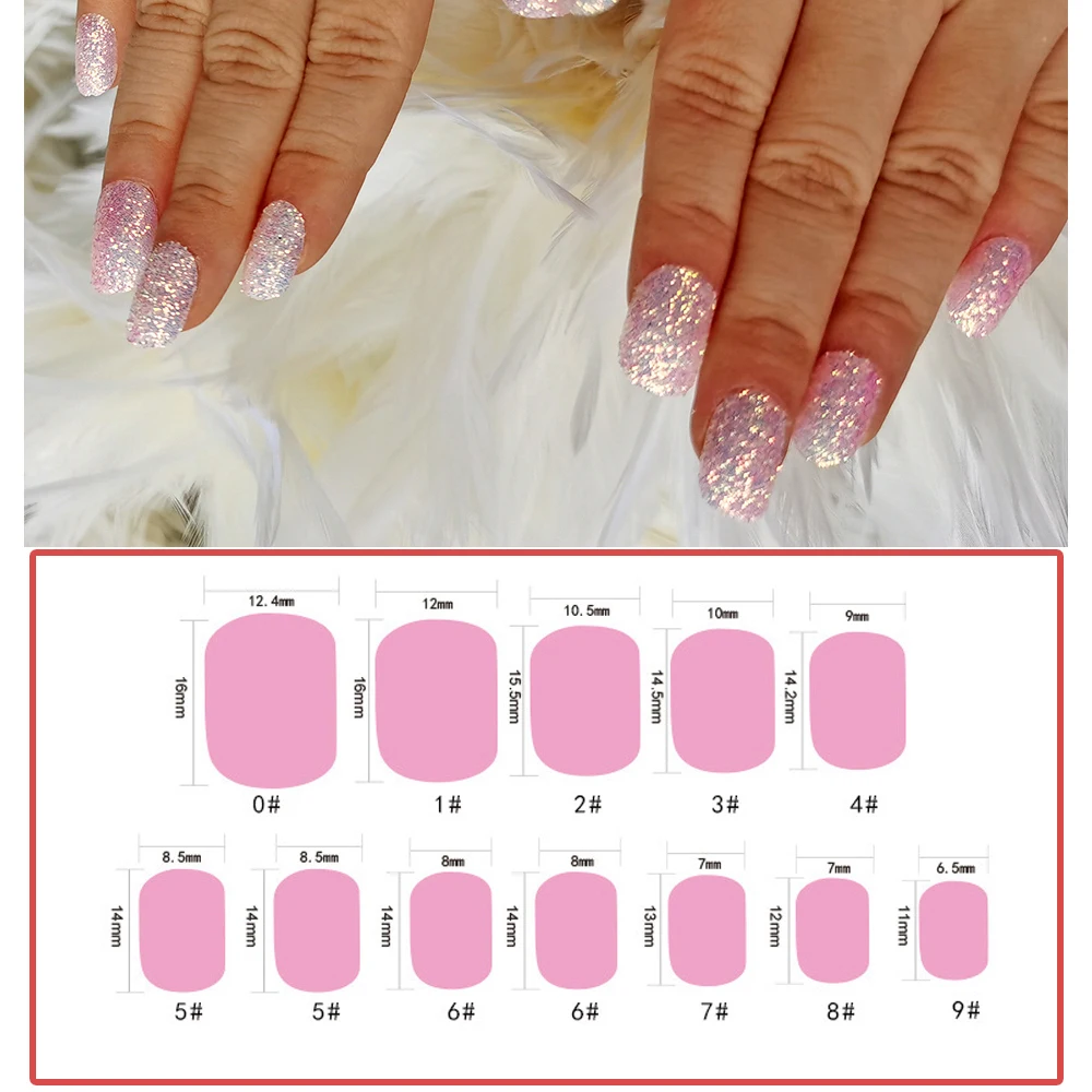 24 Pieces Pastel Pink Kids Press on Nails Pre-glue Gradient Glitter Children False Nails Stick on Short Full Cover Fake Nails