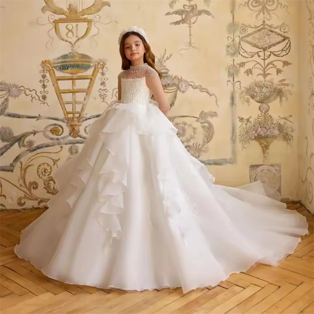 Customized Ivory Flower Girl Dresses For Wedding Pearls Sequins Layered Floor Length Gorgeous Princess First Communion Prom Gown