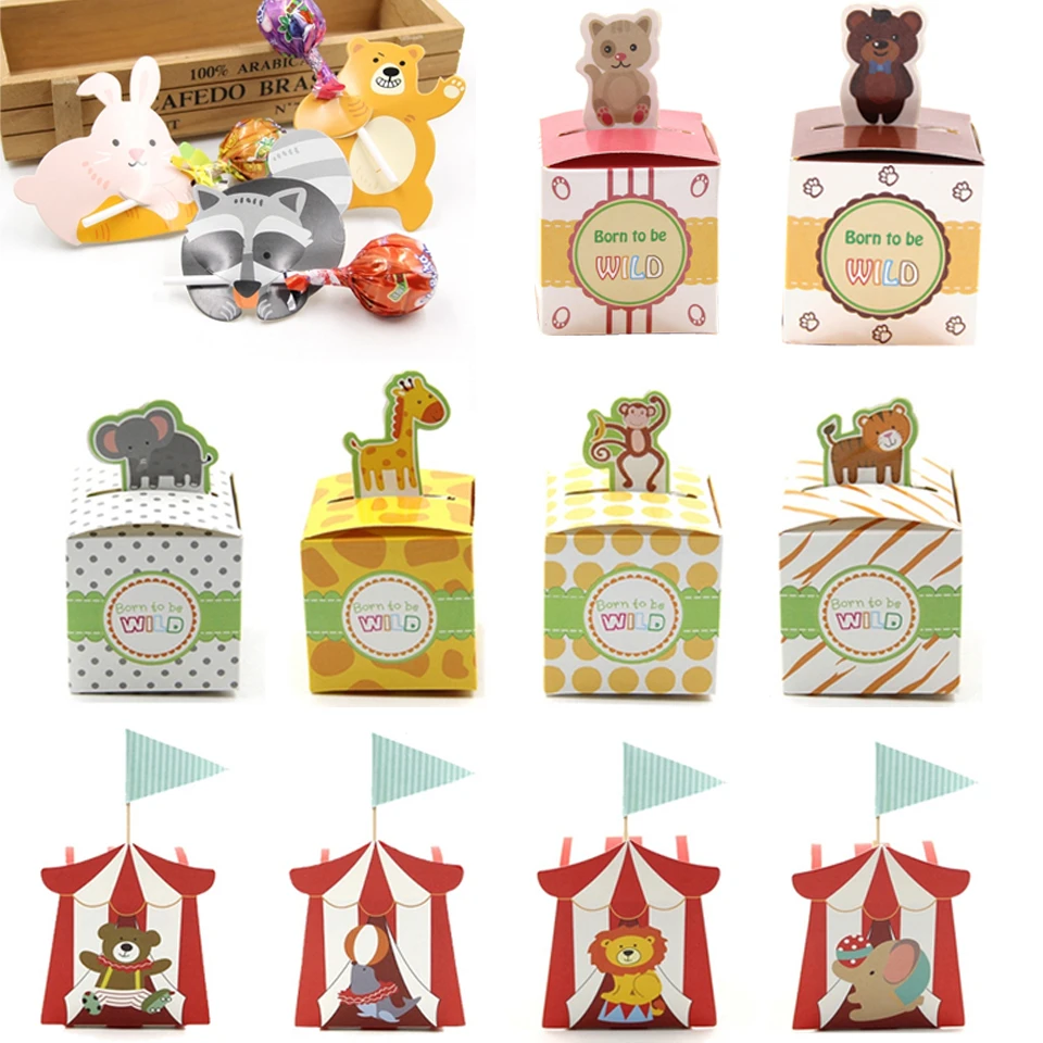 1Set Cartoon Animal Candy Boxes Kids Gift Cute Paper Bag Birthday Jungle Safari Party Decor Baby Shower Decoration Home Supplies