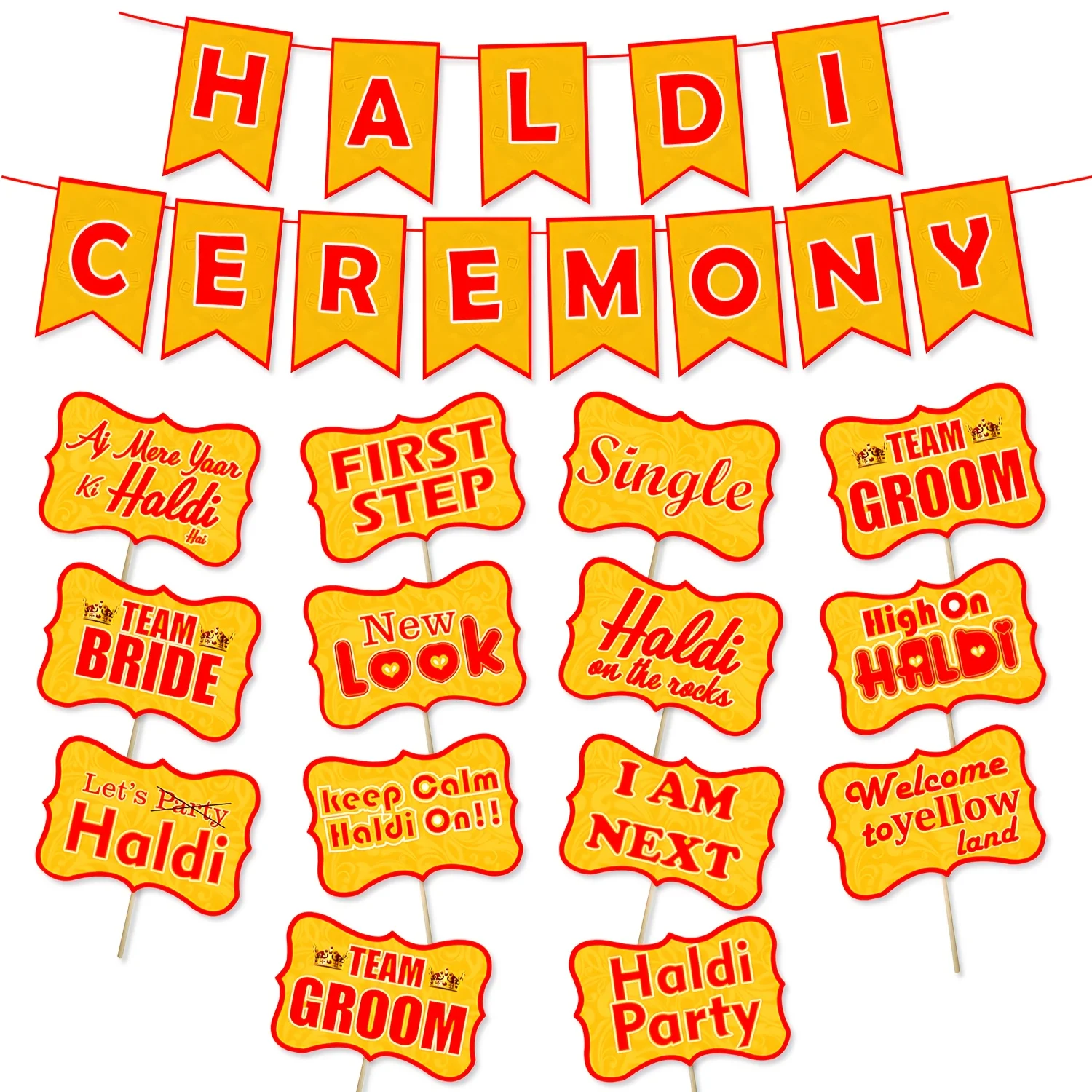 Accesorios de fotomatón para fiesta de decoración Haldi para matrimonio, artículos de decoración Haldi Mehndi para matrimonio, accesorios Haldi para novia y familia