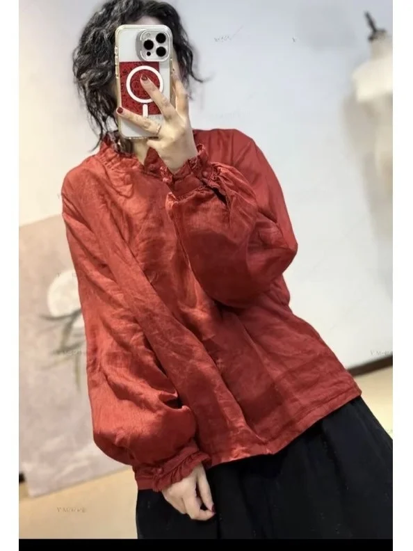 Colletto in pizzo rosso Lino irt Lanterna allentata da donna Sve Faion Primavera Artistico Sle Top dimagrante Faion di Capodanno