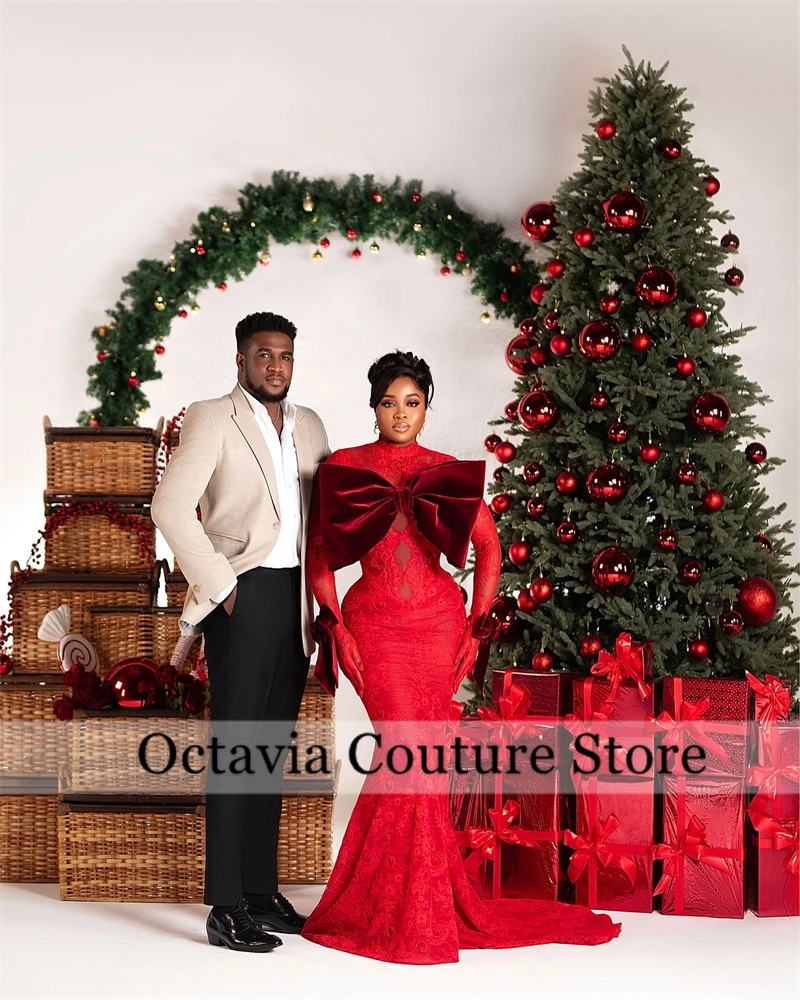 

Black Girls Red Bow Evening Dresses Lace Aso Ebi Formal Gowns Full Sleeve O Neck Mermaid Wedding Guest Dress Customized