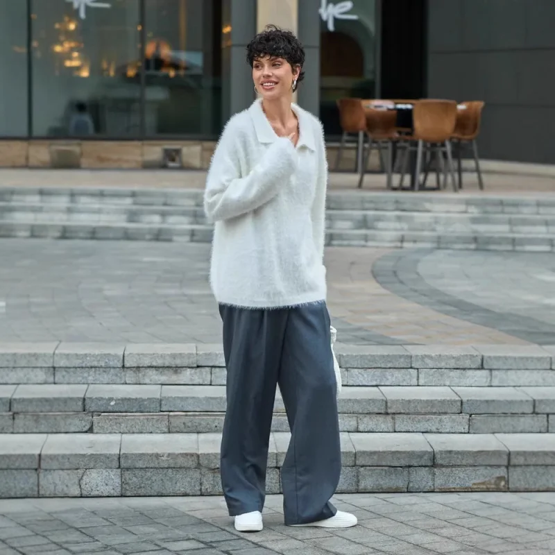 

European and American Style Casual Autumn Winter Sweater with Turn-down Collar, Loose Fit, Plus Size, Faux Mink Fur Knitted Pull