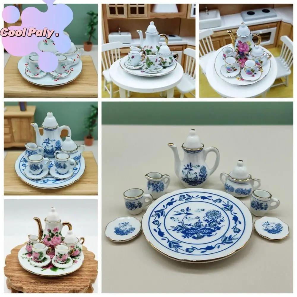 

Floral Print Dollhouse Dinnerware Tableware Pink Rose Doll Porcelain Tea Set 1:12 Dish Plate Miniature Cups Pot Children's Toy