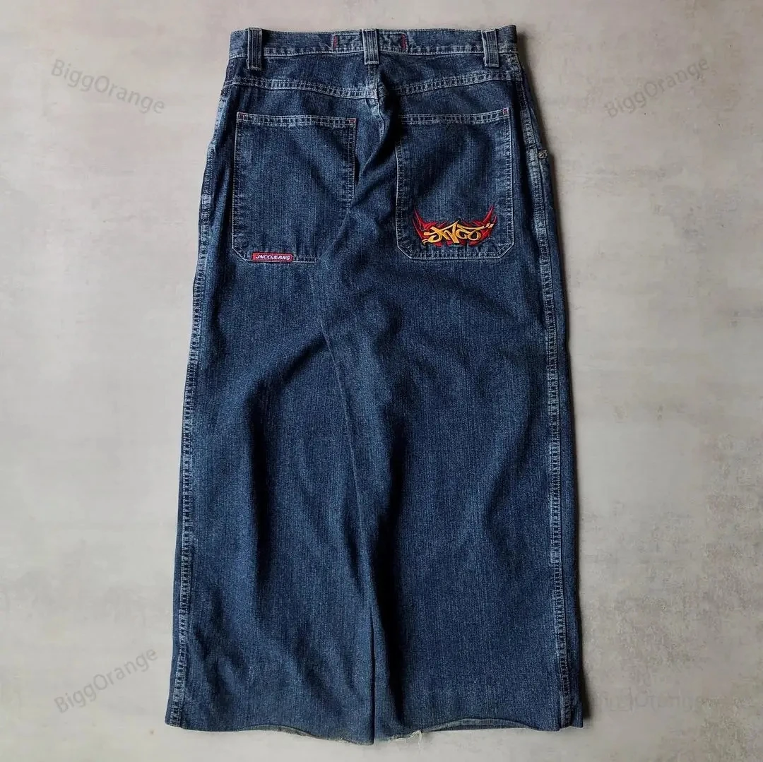 

Retro niche embroidered jeans JNCO washed jeans zipper splicing American high street fashion brand loose straight pants