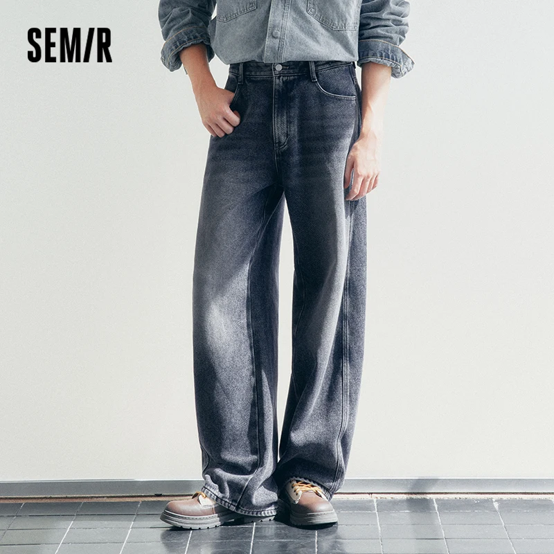 Semir Men Denim Jeans Vintage Wash Brushed Fabric Loose Fit Curved Leg 2026 New Winter Daily Wear Urban Casual Style