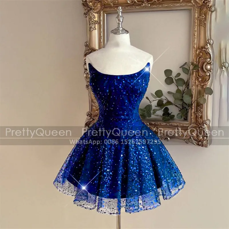 

Sparkle Sequined Bridesmaid Dresses Short Puffy A Line Customized Royal Blue Mini Wedding Party Dress