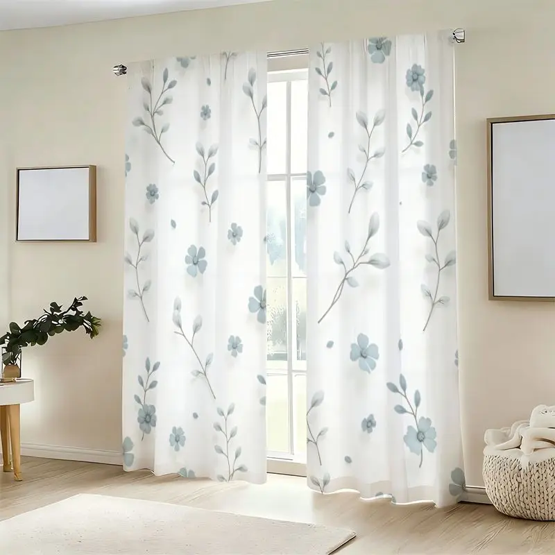 Light Blue Floral Curtain Simple Semi-Transparent Curtain with Small Flowers Pole- Mounted for Living Room Bedroom Kitchen Offic