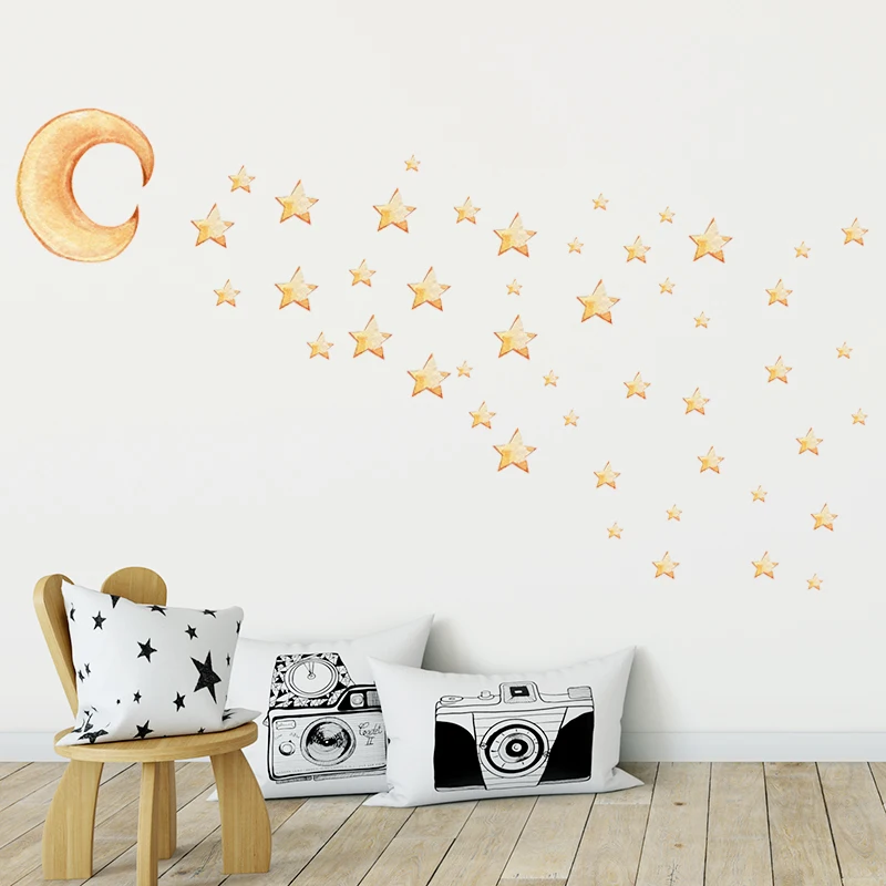 Watercolor Hand Drawn 1pc Gold Moon and 47 Gold Stars Wall Stickers for Kids Room Decorative Living Room Nursery Wall Decals