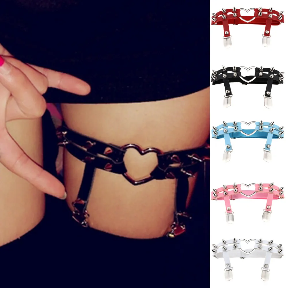 DIEZI PU Leather Elastic Garter Belt Leg Thigh Ring Suspender Stockings Belt Leg Chain Harness Rivet Heart Anklet Body Jewelry