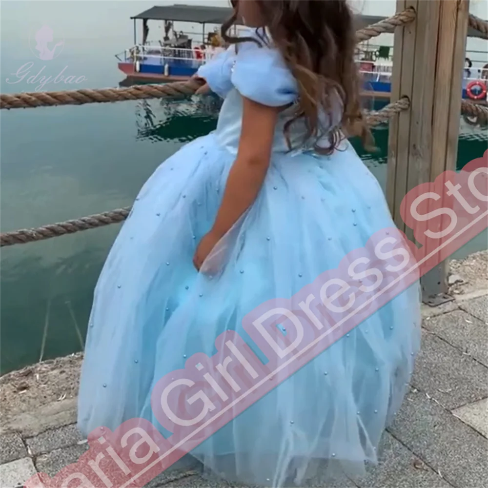 

Light Blue V Neck Pearl Cap Sleeve Flower Girl Dress Suitable For Baptismal Sacrament Banquet Performance Dress