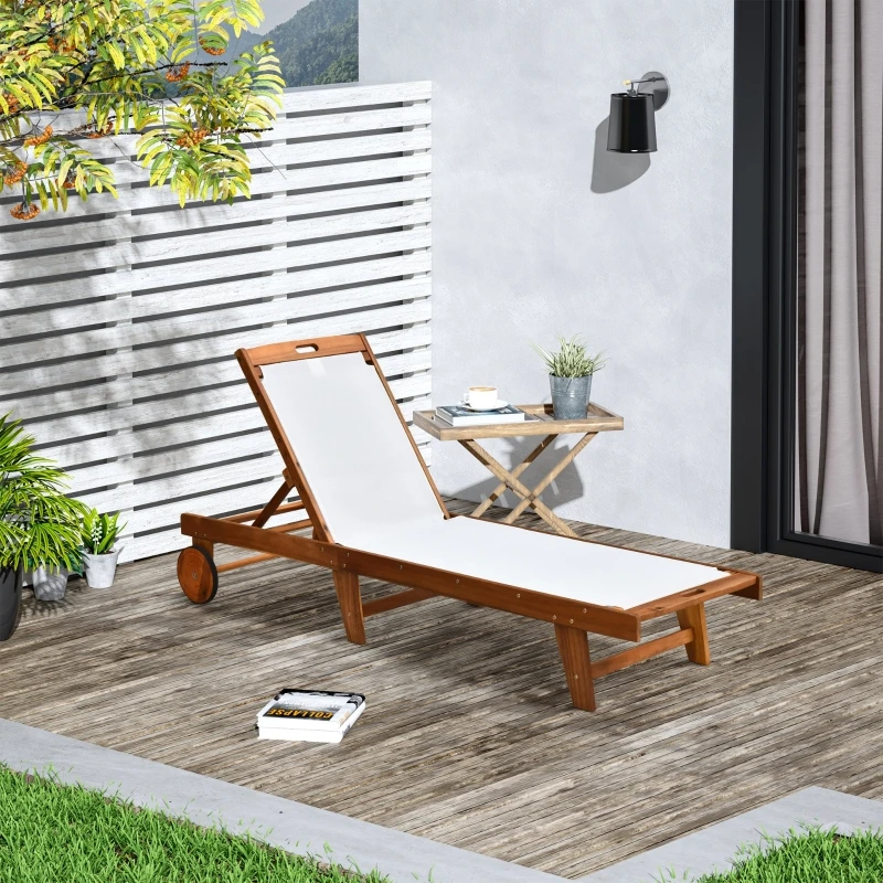 Tumbona, Silla Reclinable Ajustable para Jardín, Tumbona de Exterior con Madera de Acacia y Textil – Natural+Blanco, 198 x 55 x 30-88.5 cm
