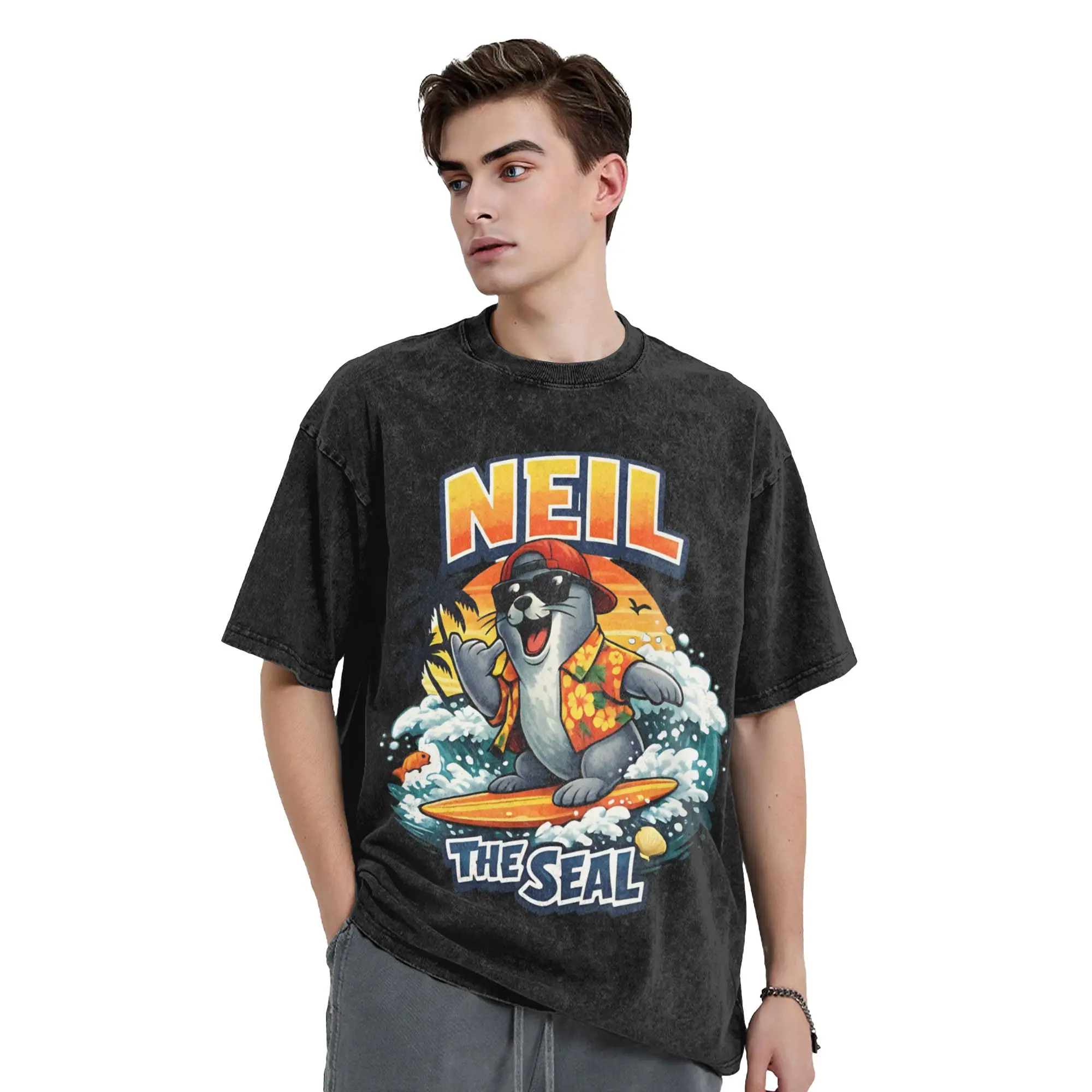 Neil the Seal Surfing Sunset Hawaiian Washed T Shirts Streetwear Hip Hop Retro T-Shirt  Tee Shirt for Men Women Oversize Printed