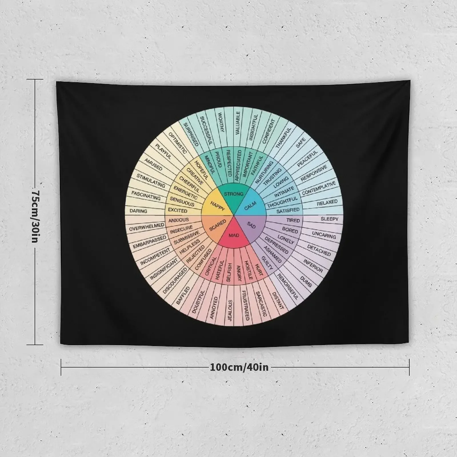 Wheel of Feelings and Emotions on Black - Therapy and Counseling Art- DBT & CBT Gift for Counselor, Therapist and Paren Tapestry