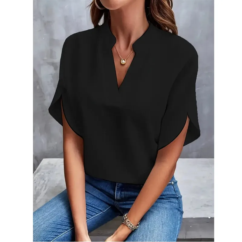 Women Solid Color Shirt Summer Short Sleeve V-Neck Casual Loose T-shirt Blouse Fashion Street Lady Personalized Work Shirt