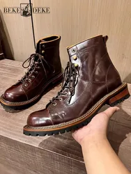 Mens Lace Up High Top Work Shoes Vintage Oil Wax Cowhide Genuine Leather Ankle Boots Round Toe Motorcycle Riding Safety Boots