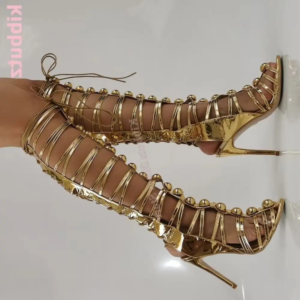 

Metal Cross Strap Sandal Boot Round Toe Thin Heels Patent Leather Lace-Up Fashion Concise Luxury Sexy Elegant Women Shoes Newest
