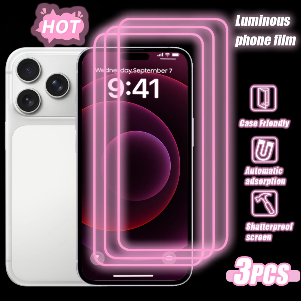 NNBILI 3-Pack Pink Glow-in-the-Dark HD Screen Protector for iPhone 17 16 15 14 13 12 11 Pro Max 17e 16e Essential for Night Owls