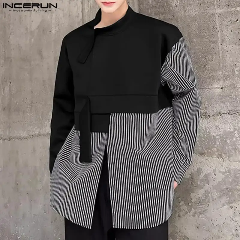 INCERUN Tops 2024 Korean Style New Men Irregular Stripe Splicing Hoodies Casual Clubwear Male Loose Long Sleeved Pullovers S-5XL