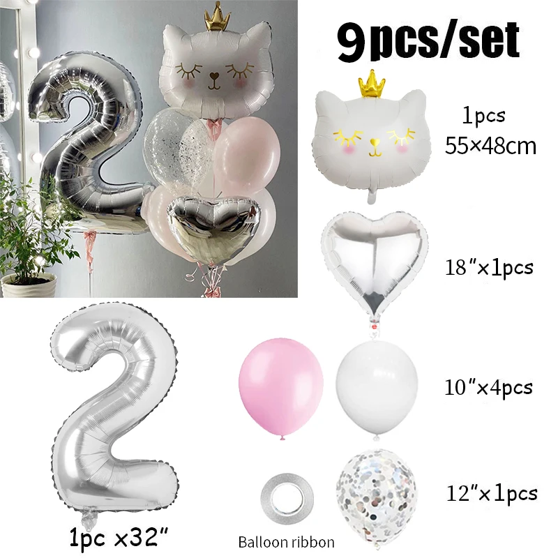 9pcs Silver Number Cat Foil Balloons 2nd Birthday Party Decorations Kids Girl Boy 1 2 3 4 5 6 7 8 9 Year Old Animal Supplies