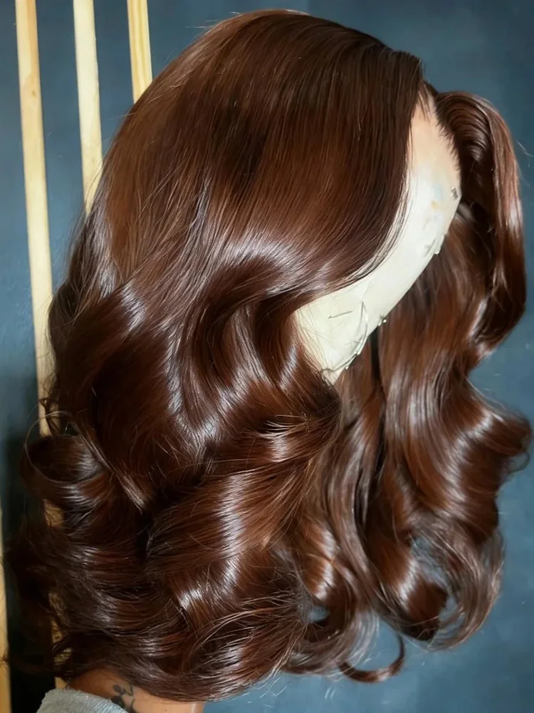 Bruin chocoladebruin golvend haarwerk van echt haar, 13x6 HD kantfront pruik, 13x4 echt haar, 250 density, gekleurd, voorgeplukt Braziliaans haarwerk - afbeelding 2
