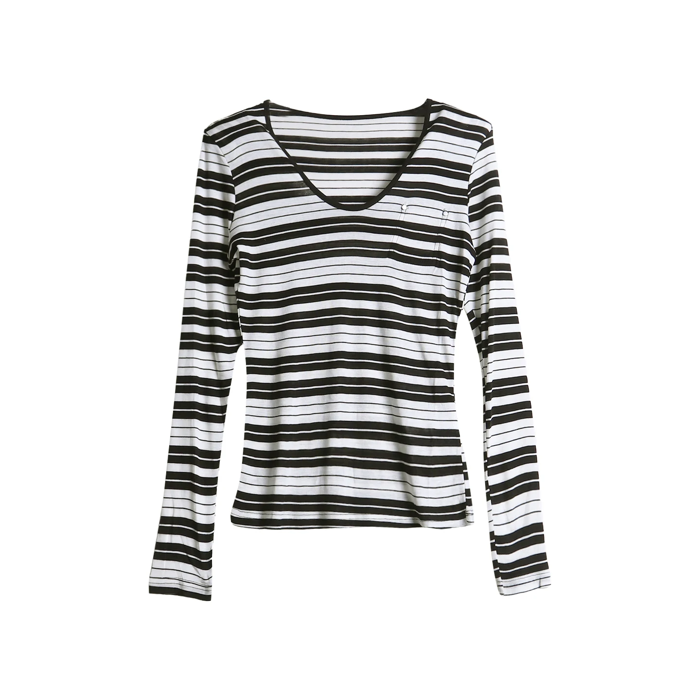 

Классический полосатый топ с V-образным вырезом для женщин, повседневный, приталенный, из хлопка, с длинным рукавом, осенний, модный, в корейском стиле, Marytim B...