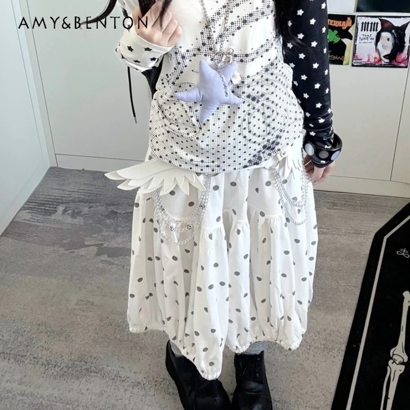 

Original Design White Polka Dot Knitted Flower Bud Women's Half Skirt Autumn Elastic Waist Versatile Knee-Length Skirts Ladies