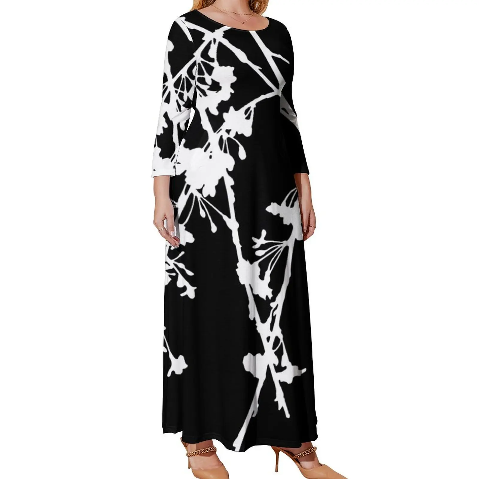 

Weeping Cherry Tree Branch, White and Black Color Long Sleeved Dress women party dresses luxury dress