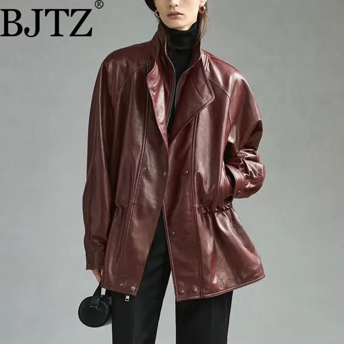 

BJTZ 2025 New Fashion PU Leather Jacket Women's Short Double Breasted Drawstring Waist Belted Trench Coat Casual Fall Outerwear