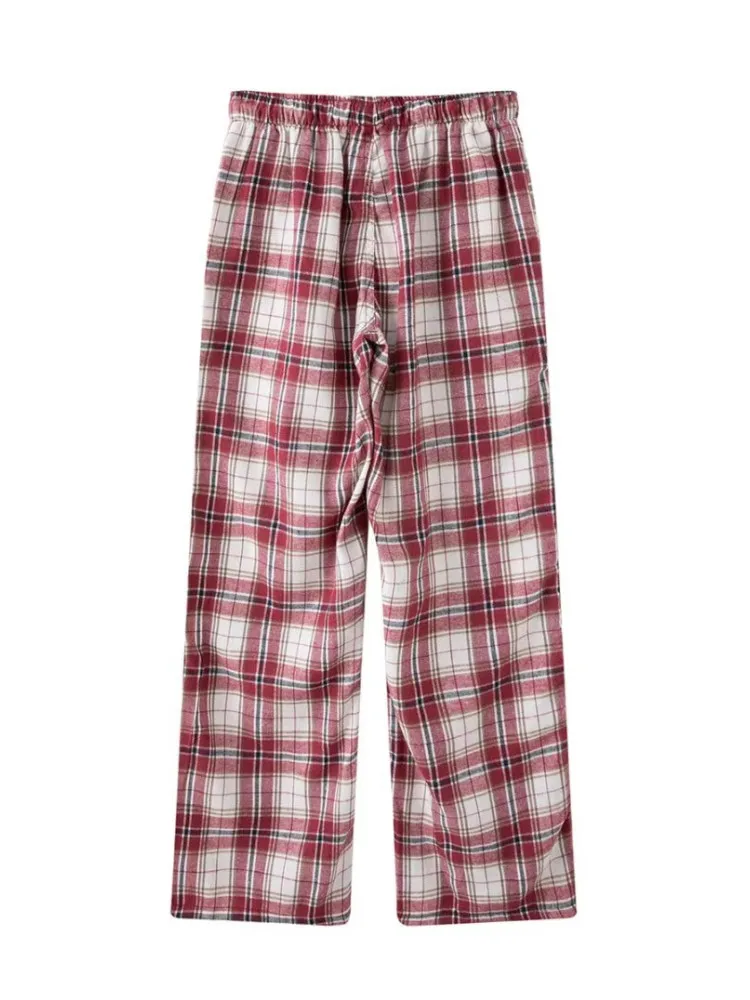 PUWD Women Red Drawstring Trousers 2023 Summer Vintage Ladies High Elastic Waist Plaid Printed Pants Female Chic Bottoms