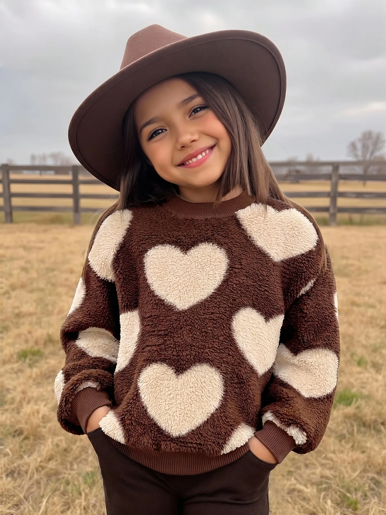 Girl 3D Heart Fluffy Fleece Sweater Round Neck Long Sleeve Pullover Teen Casual Warm Top