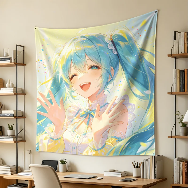 かわいいダブルポニーテールの初音ミクタペストリー、パステルイエローグリーンアニメウォールアート、リビングルームや寝室用の大きな布製タペストリー